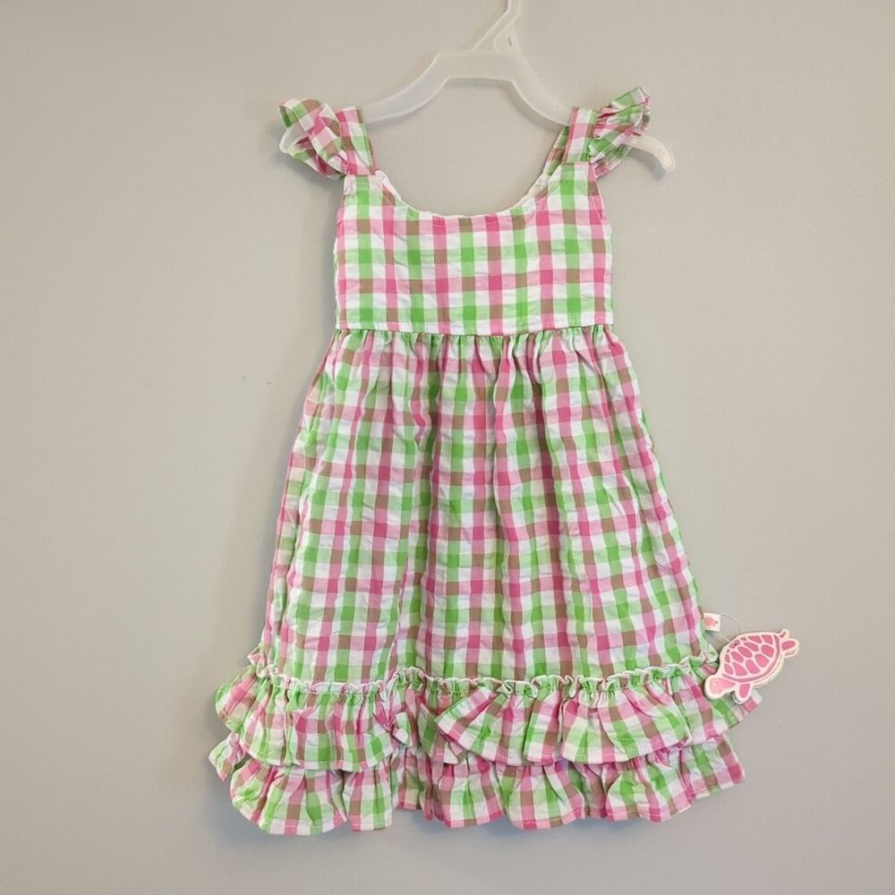 Lolly Wolly Doodle Pink Green Gingham Checkered Summer Ruffle Dress - 12 Months